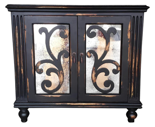 Poitiers II Nightstands (2-Pack), Matte Black, Glass Panels With Decorative Wrought Iron Scrollwork