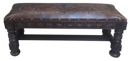 Archambault Bench, Dark Brown Leather, Hand-Carved Floral Relief and Nailhead Trim