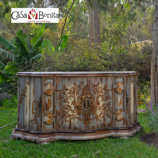 Rocaille Rustic Oak Buffet Table in Lyon Handcrafted Distressed Finish Dining Room Buffet Table