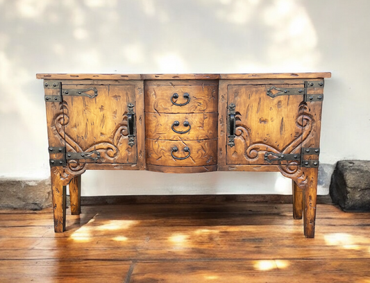 Montgeoffroy Aged Walnut Dining Room Buffet Table Handmade Solid Wood With Ornate Iron Hinges 18 x 64.5 x 38