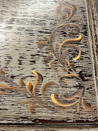 Bréhat Chest, Distressed White Finish, Carved Rosette Center With Ornate Scrolls And Weathered Patina