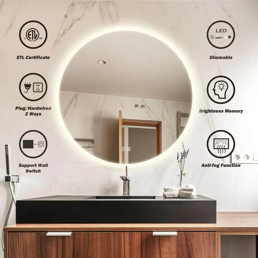 Round Backlit LED Bathroom Vanity  Mirror - Adjustable Brightness and Color Temperature - Anti-Fog