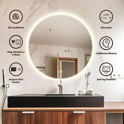 Round Backlit LED Bathroom Vanity  Mirror - Adjustable Brightness and Color Temperature - Anti-Fog