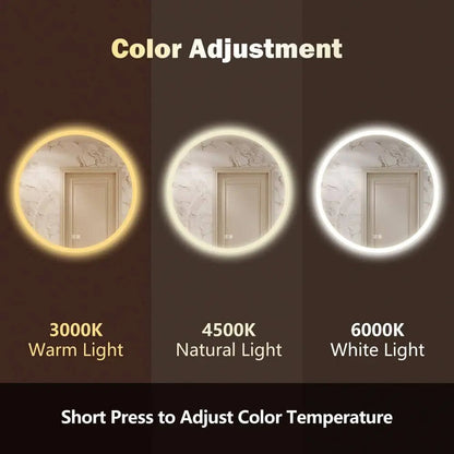 Round Backlit LED Bathroom Vanity  Mirror - Adjustable Brightness and Color Temperature - Anti-Fog