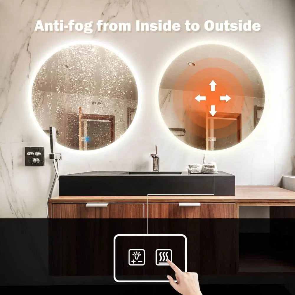 Round Backlit LED Bathroom Vanity  Mirror - Adjustable Brightness and Color Temperature - Anti-Fog