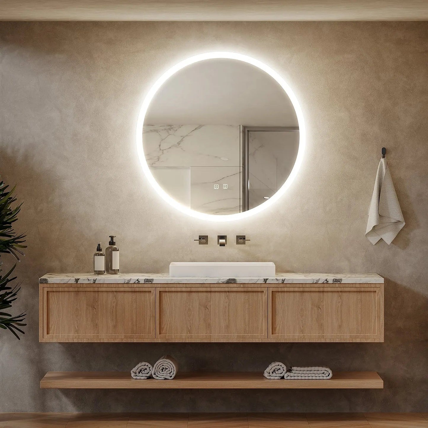 Round LED Bathroom Vanity Mirror With Dimmable Lights - Adjustable Brightness and Color Temperature - Anti-Fog