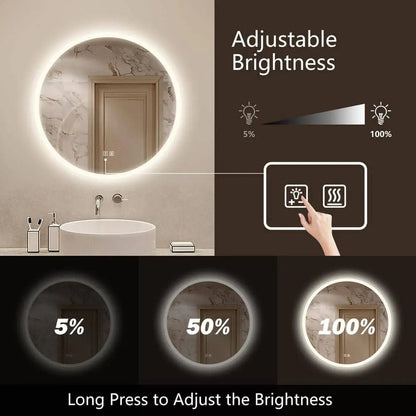 Round LED Bathroom Vanity Mirror With Dimmable Lights - Adjustable Brightness and Color Temperature - Anti-Fog