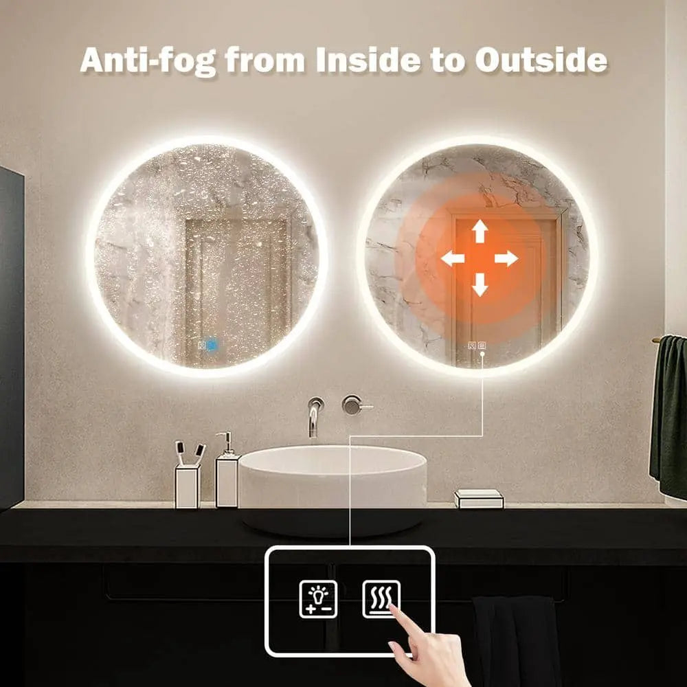 Round LED Bathroom Vanity Mirror With Dimmable Lights - Adjustable Brightness and Color Temperature - Anti-Fog