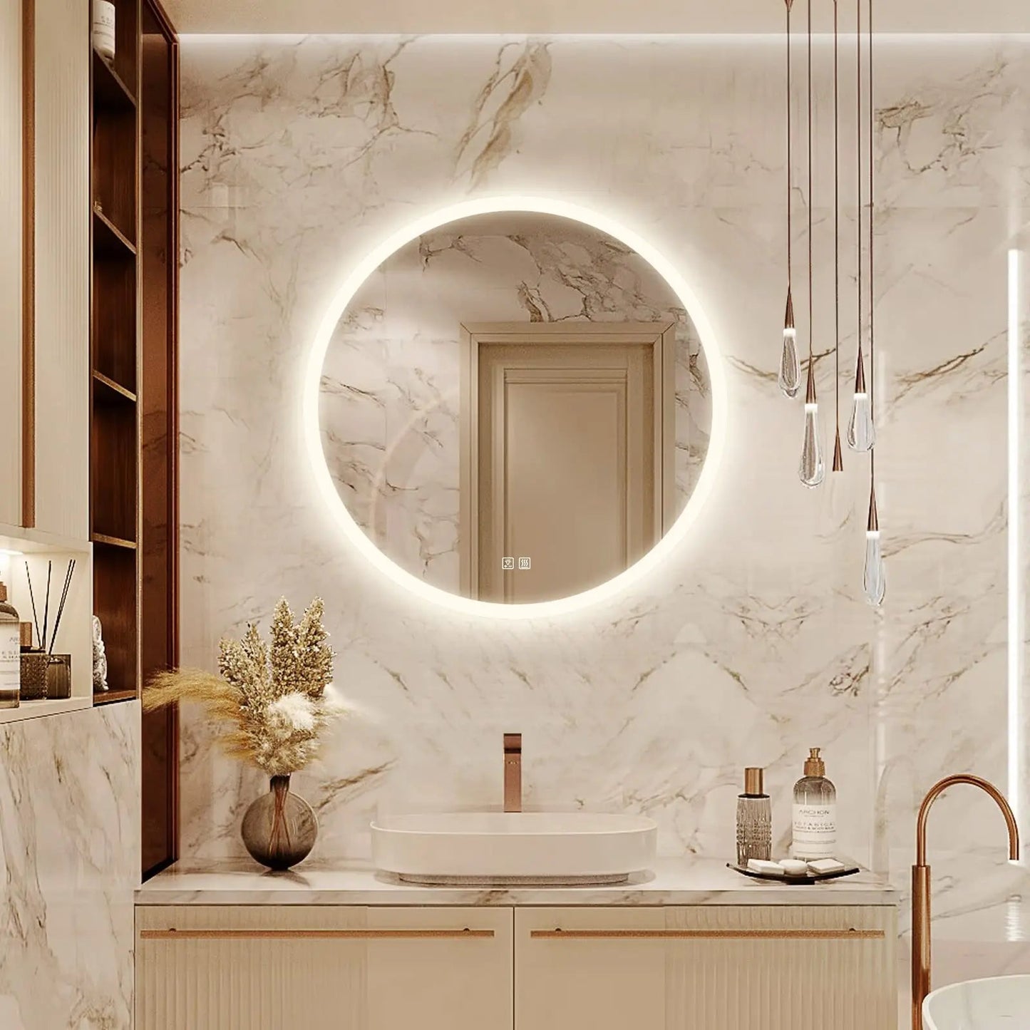 Round LED Bathroom Vanity Mirror With Dimmable Lights - Adjustable Brightness and Color Temperature - Anti-Fog
