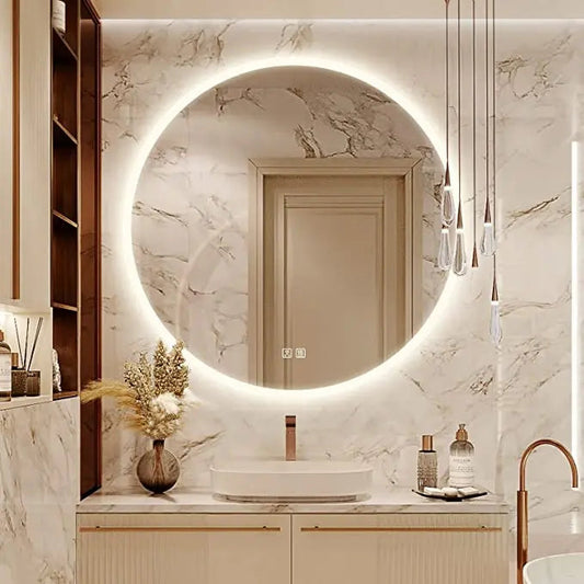 Round LED Bathroom Vanity Mirror With Dimmable Lights - Adjustable Brightness and Color Temperature - Anti-Fog