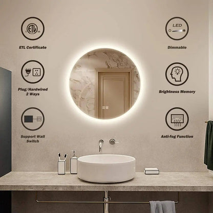 Round LED Bathroom Vanity Mirror With Dimmable Lights - Adjustable Brightness and Color Temperature - Anti-Fog