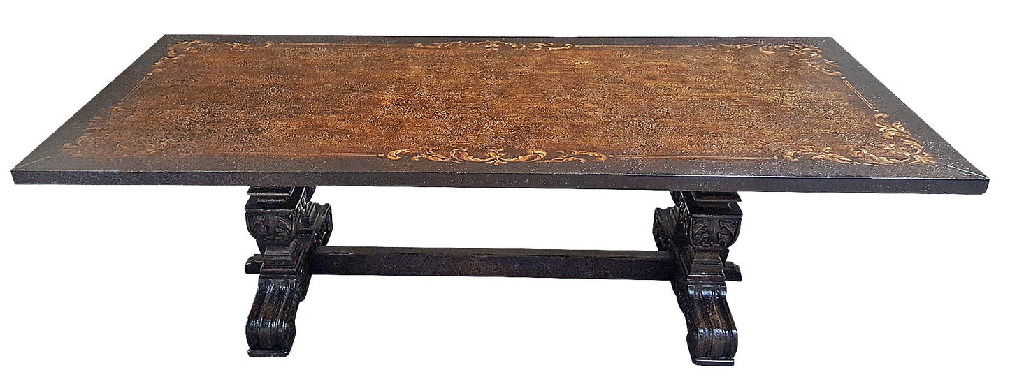Les Baux-de-Provence Dining Table - Rectangular, Antique Black, Intricately Carved Pedestal Legs