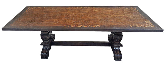 Les Baux-de-Provence Dining Table - Rectangular, Antique Black, Intricately Carved Pedestal Legs