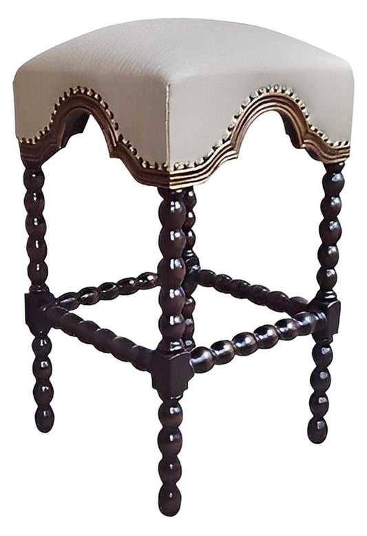 Luz-Saint-Sauveur Barstools (3-Pack), Dark Walnut, Nailhead Trim Upholstery, Bead-Turned Legs