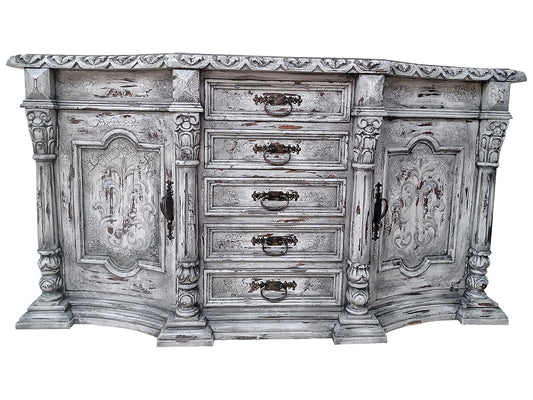 Talcy Distressed White European Style Dining Buffet Table With Ornate Carvings