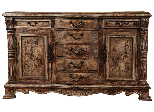 Chenonceau-Inspired Lyon Antique Walnut Dining Room Buffet Table In Distressed Finish