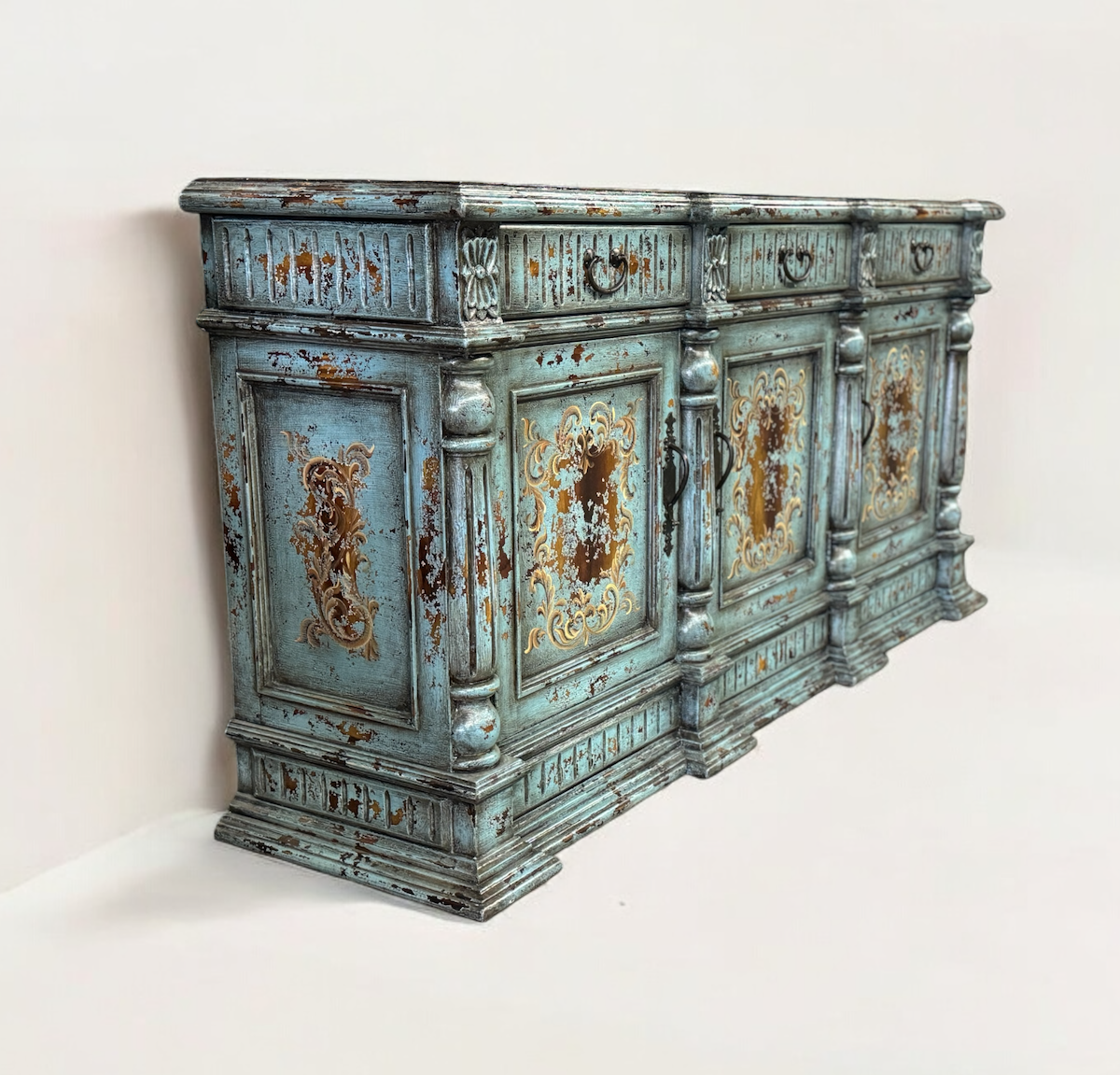 Bouchet in Brenne Turquoise Distressed Dining Buffet Table