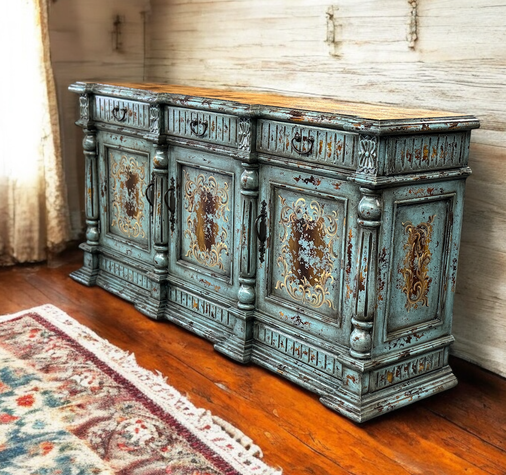Bouchet in Brenne Turquoise Distressed Dining Buffet Table