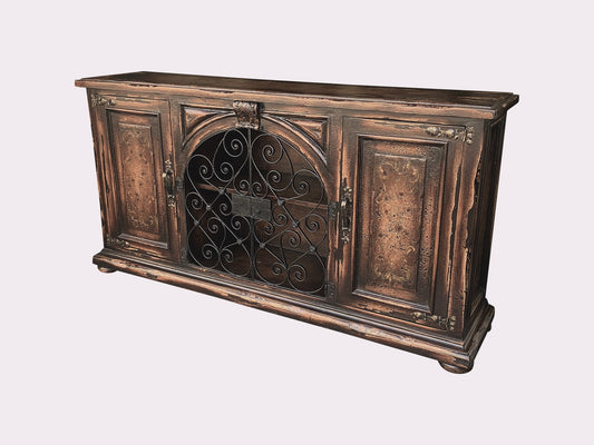 Lisbon Estate Distressed Bronze Buffet Table With Ornate Iron Scrollwork, 18.5 by 81.5 by 40