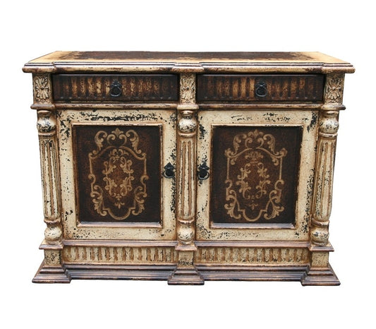 Oiron Inspired Ivory Dining Room Buffet With Distressed Walnut Panels