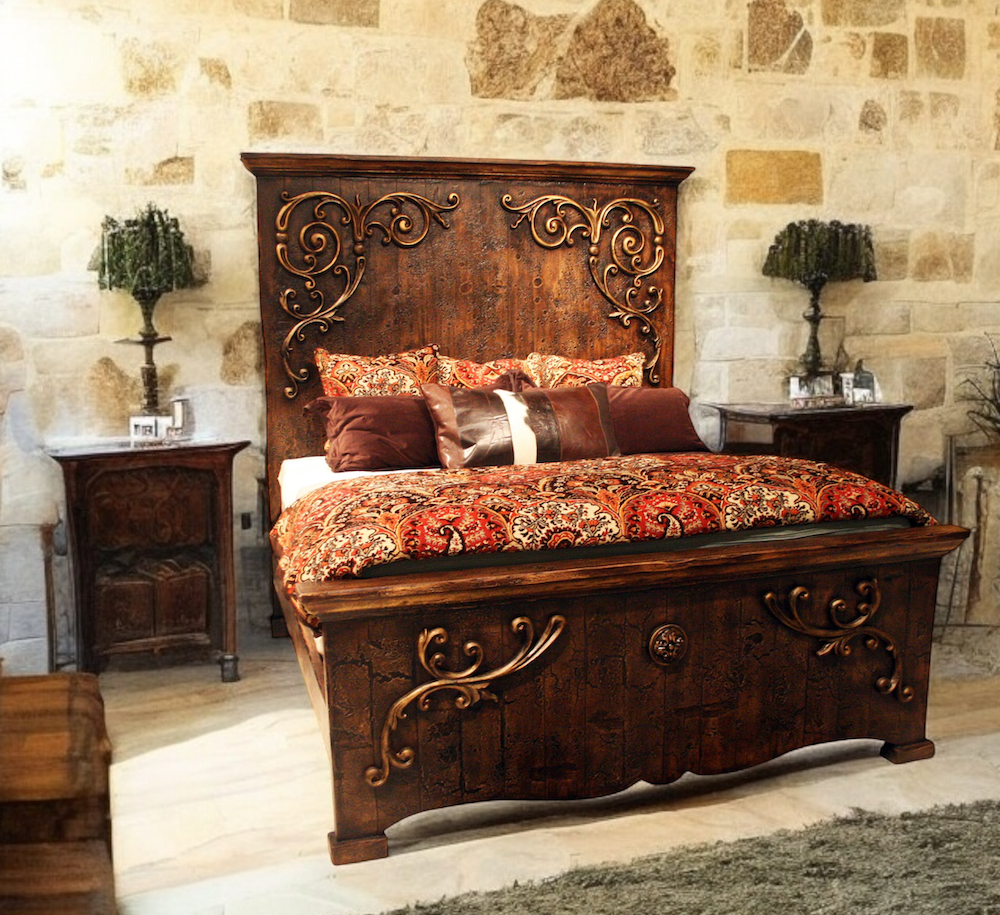 SANTANDER KING BED 85" Tall | Brown Wood Carved Frame with Scrollwork | Old-World Style | Bed Only | Includes Delivery and Assembly