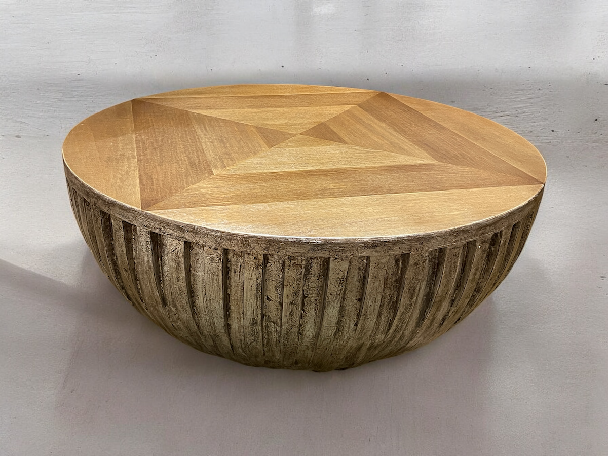 Cirq-Lapopie Coffee Table - Round, Weathered Gray, Ribbed Exterior Texture, Distressed Concrete Finish