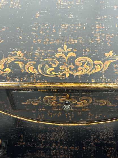 Saint-Émilion Console Table, Distressed Black Finish With Antique Gold Floral Accents, Two Tier Design