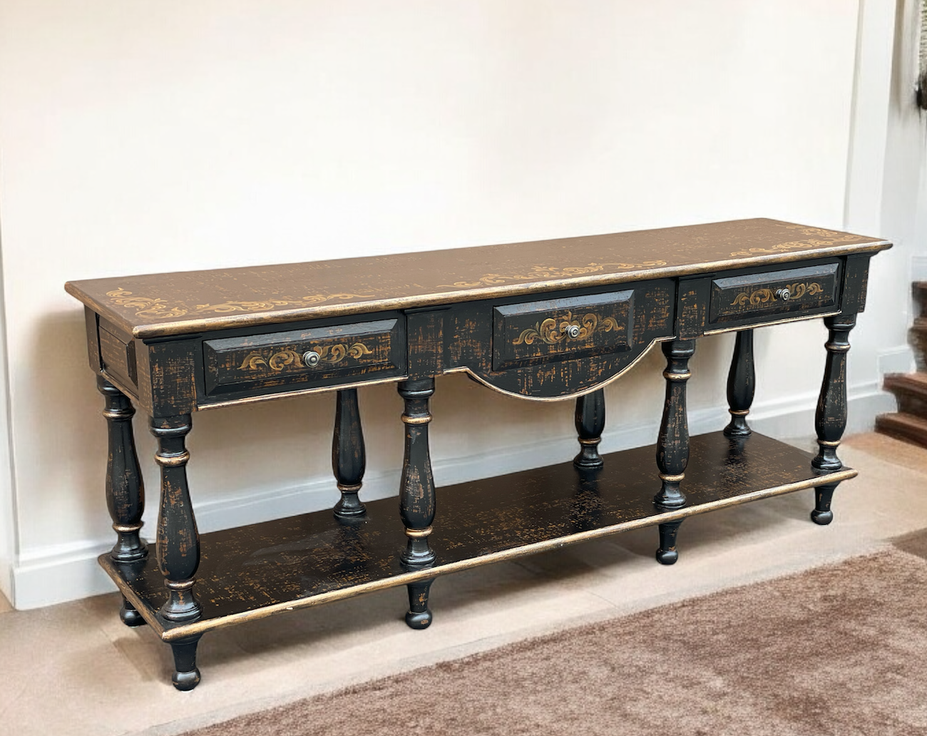 Saint-Émilion Console Table, Distressed Black Finish With Antique Gold Floral Accents, Two Tier Design