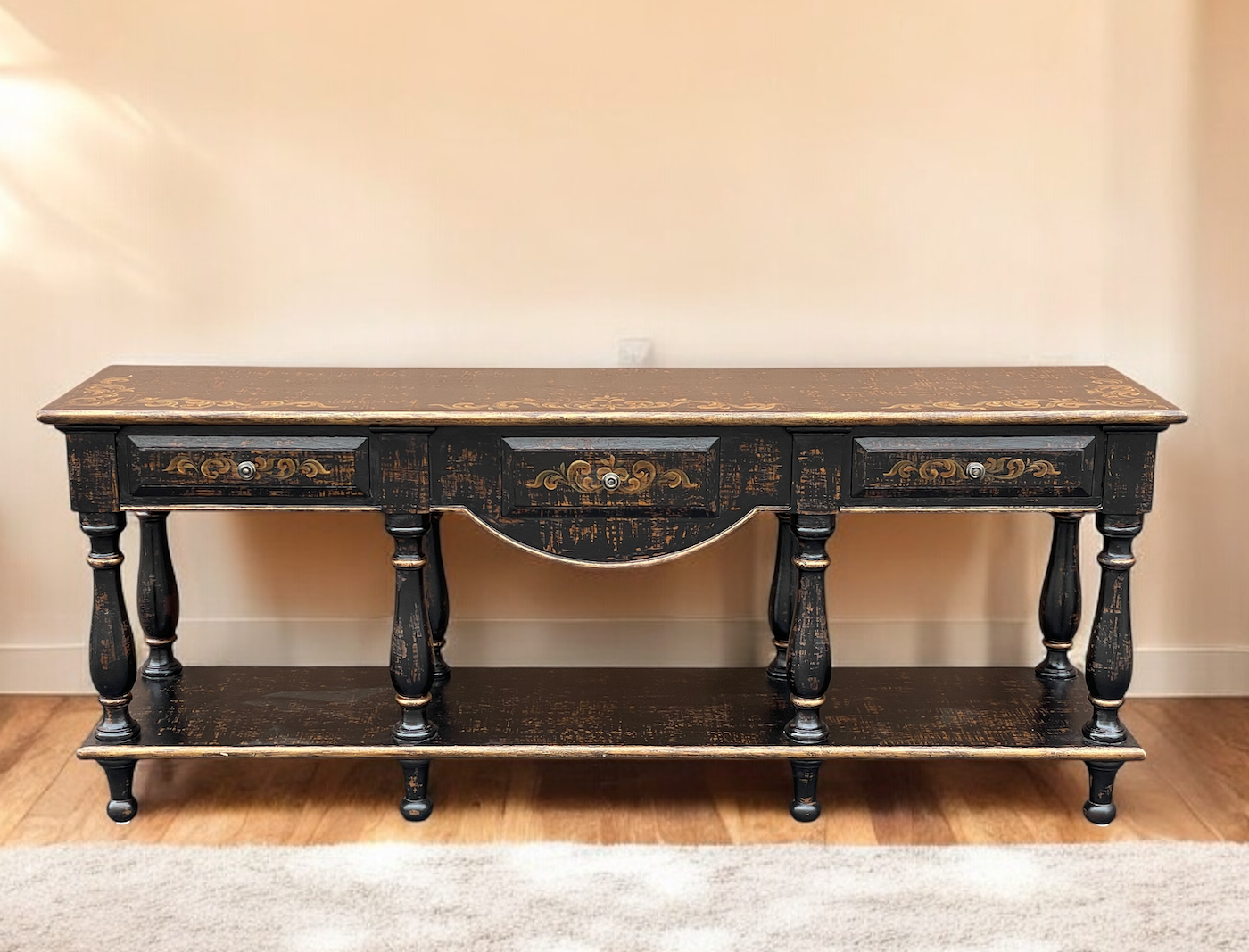 Saint-Émilion Console Table, Distressed Black Finish With Antique Gold Floral Accents, Two Tier Design