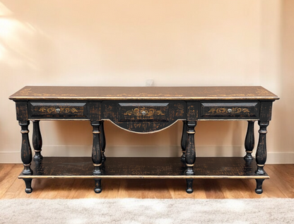 Saint-Émilion Console Table, Distressed Black Finish With Antique Gold Floral Accents, Two Tier Design