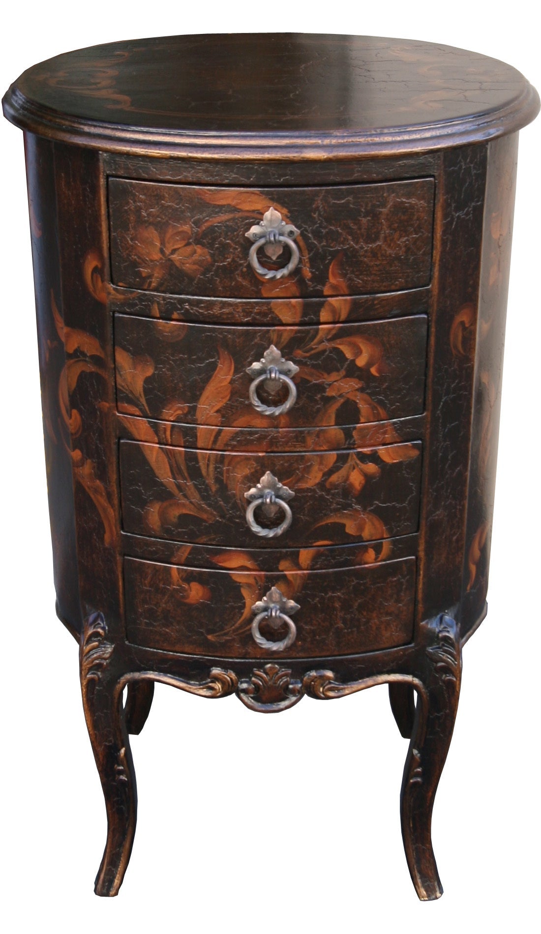 Monflanquin Chest, Dark Brown, Hand-painted floral motif with ornate metal ring pulls
