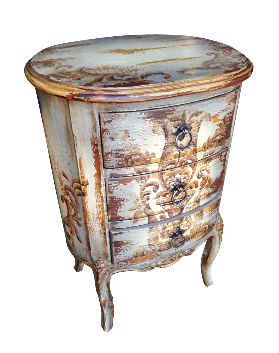 Monteux Chest, Distressed Blue Finish, Ornate Floral Motif Drawers