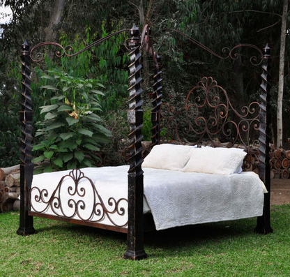 Bordeaux Canopy Bed, Old-World European Design, Hand-Carved Wood with Wrought Iron Scrollwork - Includes Full Service Delivery