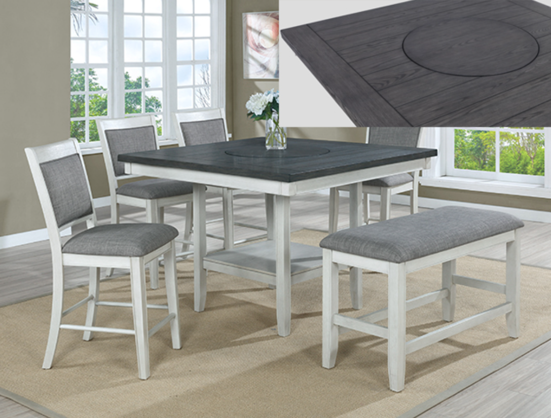 Fulton 6-PC Counter Ht Chalk Gray Dining Set | 1) Table, 4) Chairs, 1) Bench