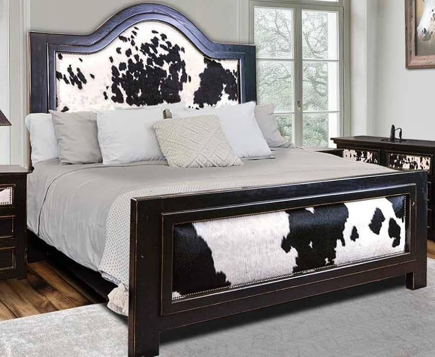 Pioneer Trail Bed with Black & White Genuine Cowhide Inlays in the Footboard and Tall Headboard | Handcrafted | Bed Only | Delivery & Assembly are Included