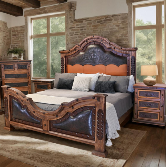 Wild Stallion Handcrafted Wooden Bed with Tooled Leather Panels in the Footboard and Tall Headboard | (Bed Only) | Delivery & Assembly are Included