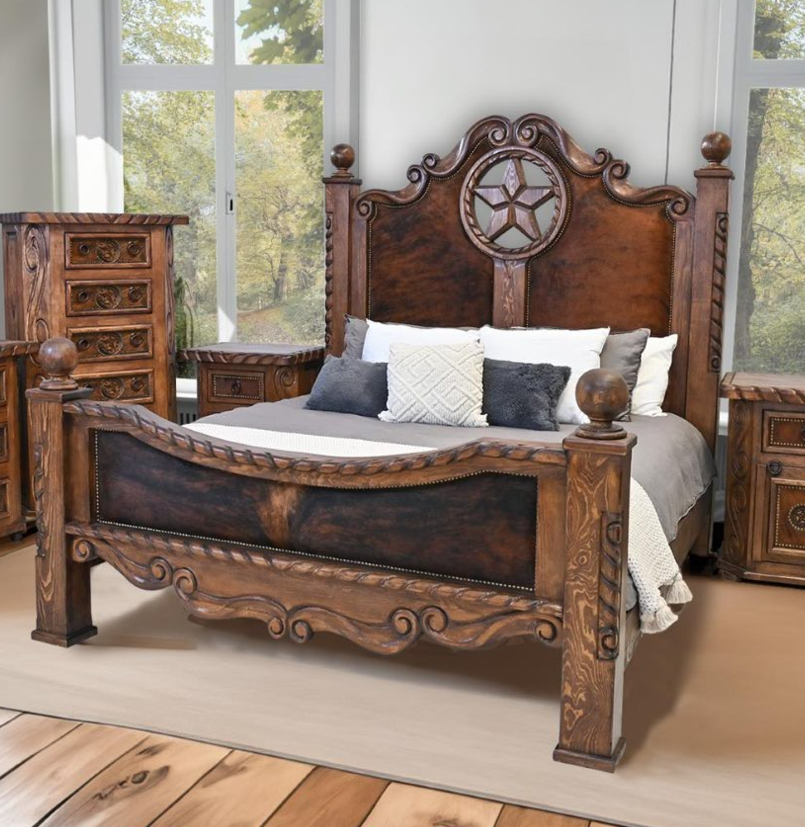 Hill Country Hand-Carved Bed with Rope, Star, & Brindle Cowhide Inlays – Rustic Western Bed Frame with 4-Posts (Bed Only) | Delivery & Assembly are Included