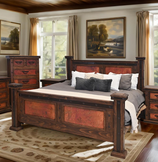 Handcrafted Wooden Bed with Red Copper Panels  in the Footboard and Tall Headboard | (Bed Only) | Delivery & Assembly are Included
