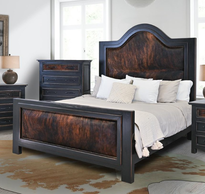 Ridge Creek Rustic Bed with Brindle Cowhide Inlays – Tall Headboard - Nailhead Trim – Western Solid Wood Bed Frame (Bed Only) | Delivery & Assembly are Included