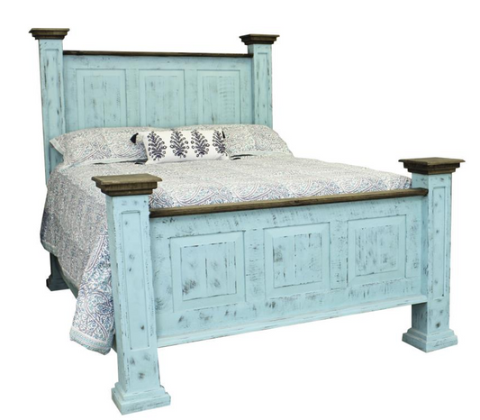 Handmade 4-Post Wooden Bed with Painted Turquoise Distressed Finish | Bed Only | Delivery & Assembly are Included