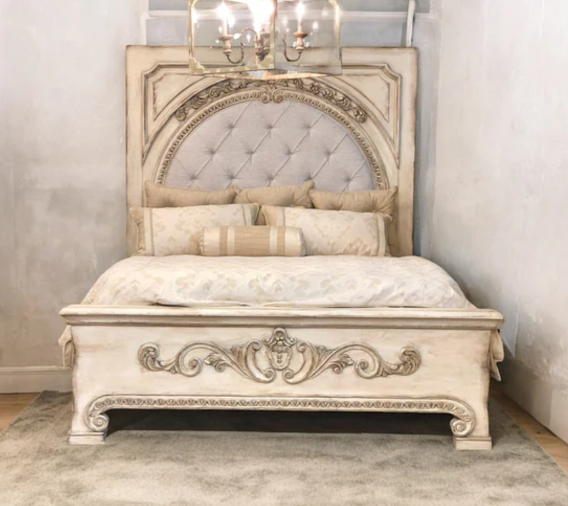 FRANCESCA KING BED 87" Tall | Carved Headboard with Tufted White Fabric | Rustic Distressed Finish | Waxed Off-White Wood | Bed Only | Includes Delivery and Assembly