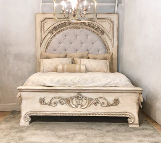FRANCESCA KING BED 87" Tall | Carved Headboard with Tufted White Fabric | Rustic Distressed Finish | Waxed Off-White Wood | Bed Only | Includes Delivery and Assembly