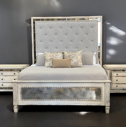 MADELEINE BED KING 87" Tall | Antique Mirror Details | Tufted Fabric Headboard | White Wood Frame | Bed Only | Includes Delivery and Assembly