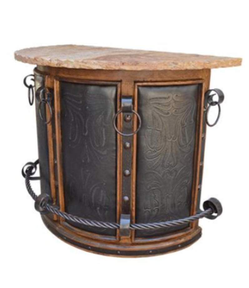 Sierra Stone Half-Round Curved Home Bar with Forged Iron Accents & Leather Panels