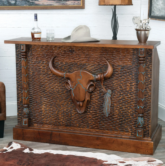 LONGHORN LEGACY BAR WITH BULL SKULL & HANGING FEATHER