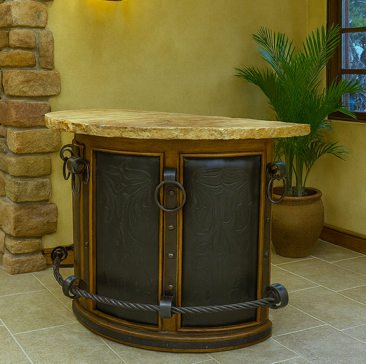Sierra Stone Half-Round Curved Home Bar with Forged Iron Accents & Leather Panels