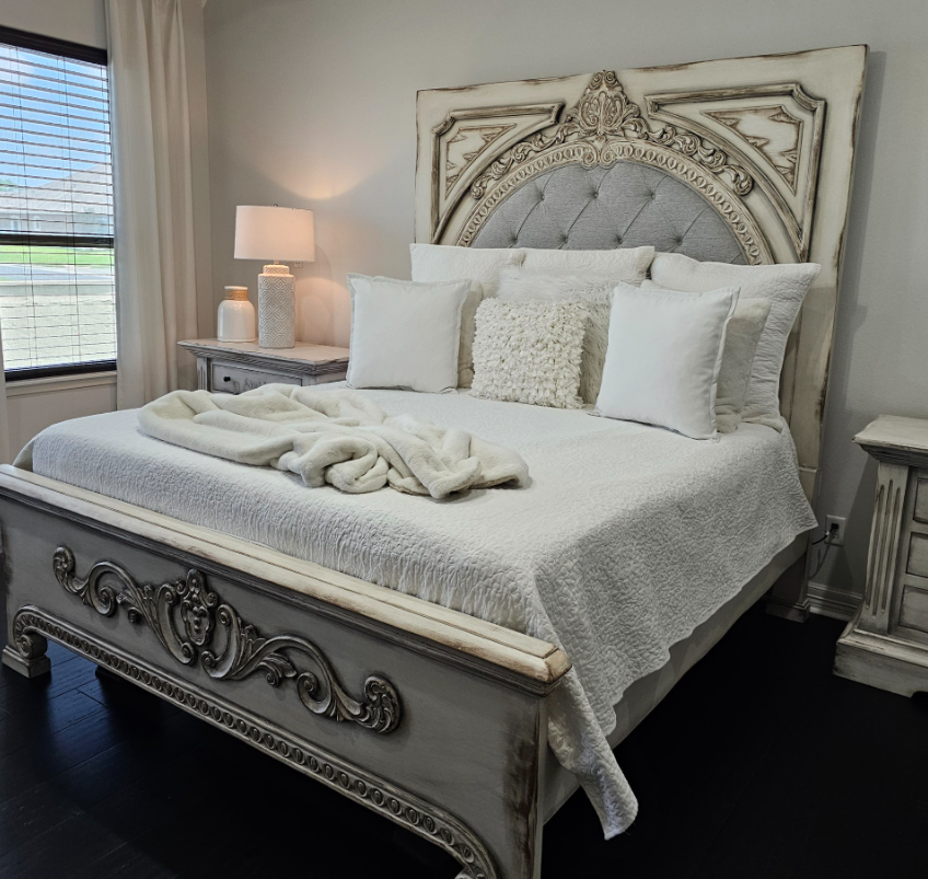 ALESSANDRA BEDROOM SET | 87" Tall | Rustic Distressed Finish | Waxed Off-White Wood | Includes Delivery and Assembly