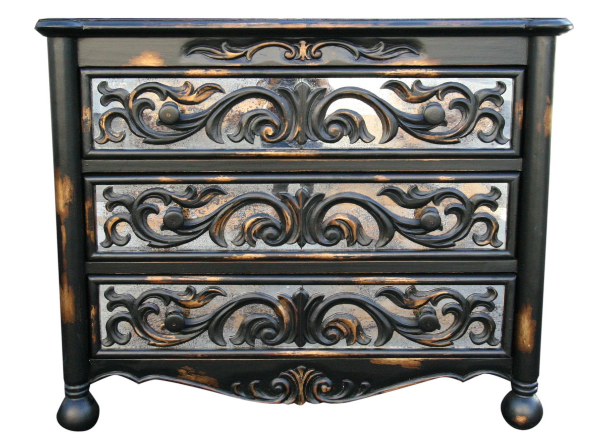 Poitiers Bedroom Set - Dark Hand-Carved Wood - Gold Antique Mirror