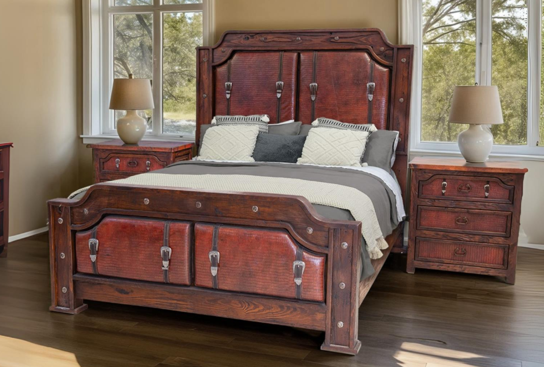 Sierra Saddle Dark Walnut Bedroom Set (5-Piece) With Dark Red Crocodile Print Leather & Strap Accents, Hand-Carved - Includes Full Service Delivery