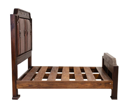 Sierra Saddle Dark Walnut Bedroom Set (5-Piece) With Dark Red Crocodile Print Leather & Strap Accents, Hand-Carved - Includes Full Service Delivery